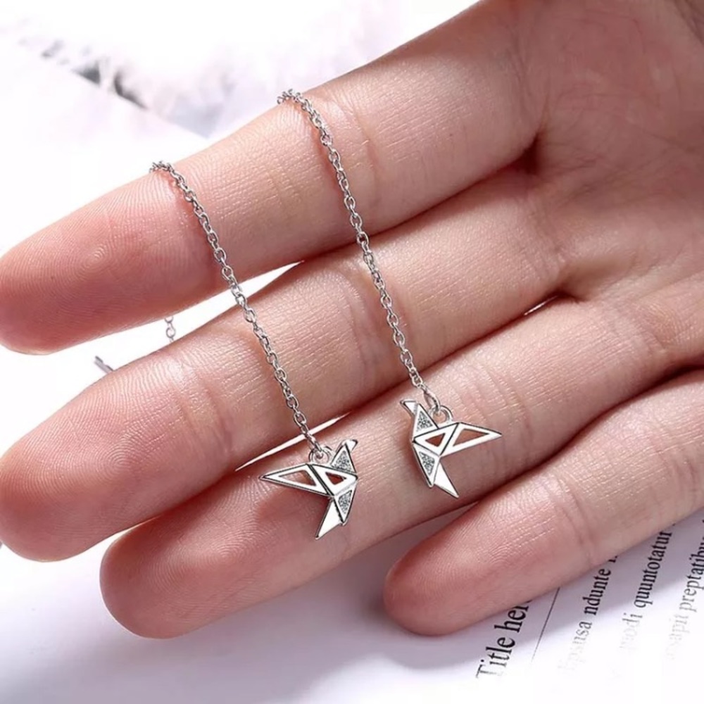 ๐ Sterling Silver 925 Long Paper Crane Earrings - Picture 3 of 5